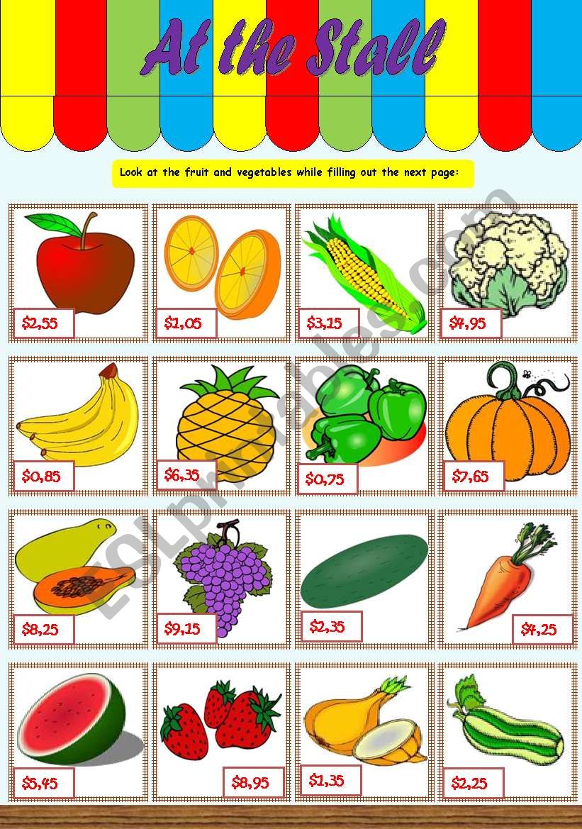 At the stall  vocabulary & conversation (fruit, vegetables, numbers, prices) [written and oral tasks] ((2 pages)) ***editable